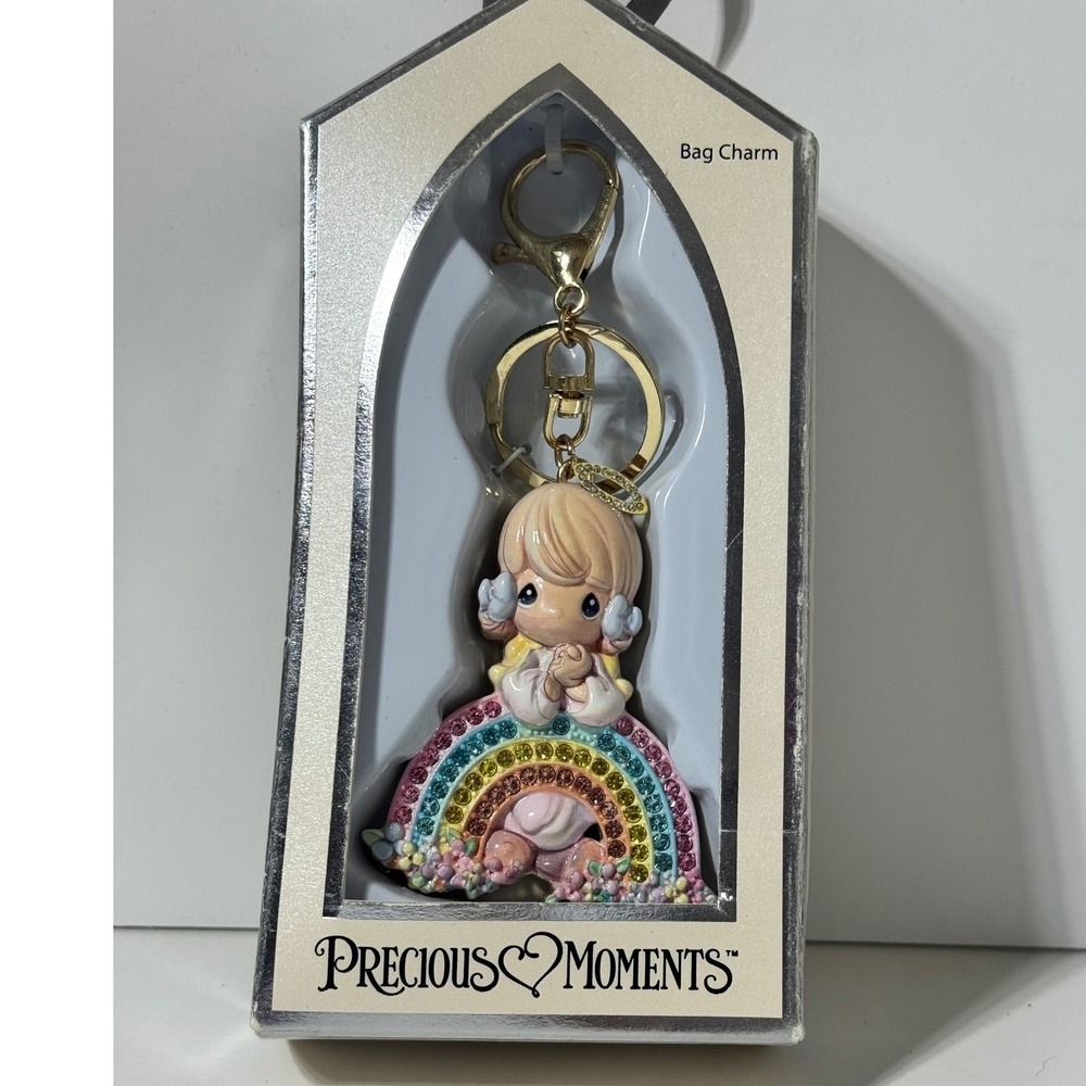 Precious Moments Rainbow Angel Bag Charm Keychain Gold Tone Rhinestone NIB